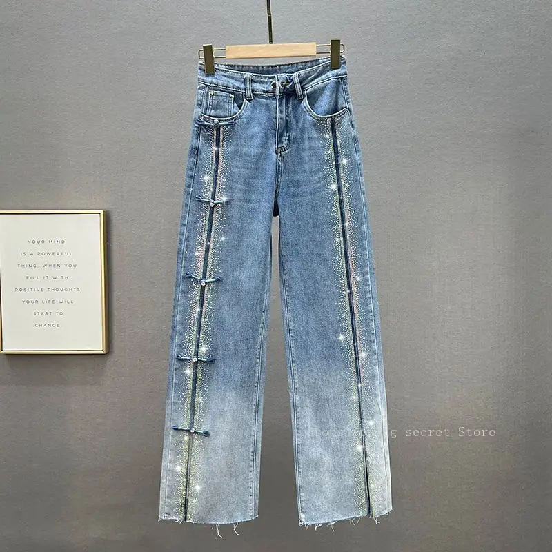 Denim Wide-legged Jeans Women Plus Trousers 2025 New Autumn High Waist Loose Thin Hot Diamond Dragged Trousers