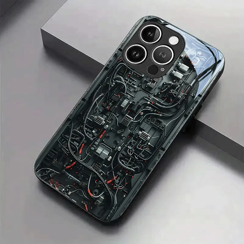 Kreatives Mechanisches Schaltkreis-Design Gehärtetes Glas Handyhülle für iPhone 18 17 16 15 14 13 12 11 Pro Max 17Air 16E 7 Plus XR XS X Cover – Detail 6