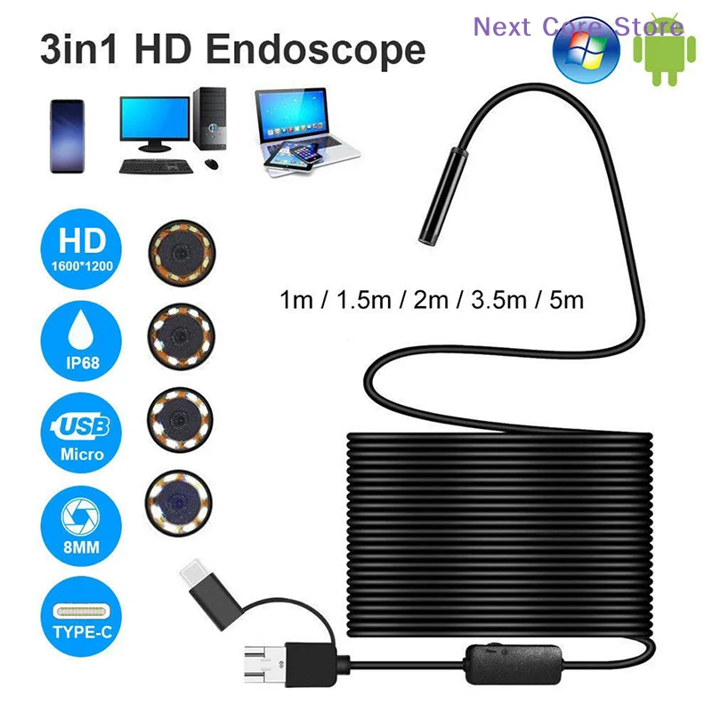 [NC]3 In 1 USB Type-C Endoscope Inspection Borescope 5.5/7/8mm Lens HD Camera IP68[NC]