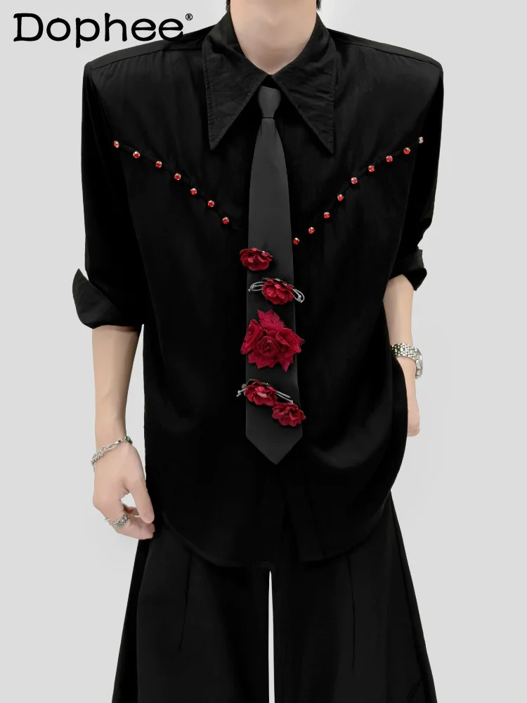 

Fashion Diamond-encrusted Long-sleeve Shirts 2026 Men's Summer Three-dimensional Rose Tie Shoulder Padded Tops Comfort Shirts