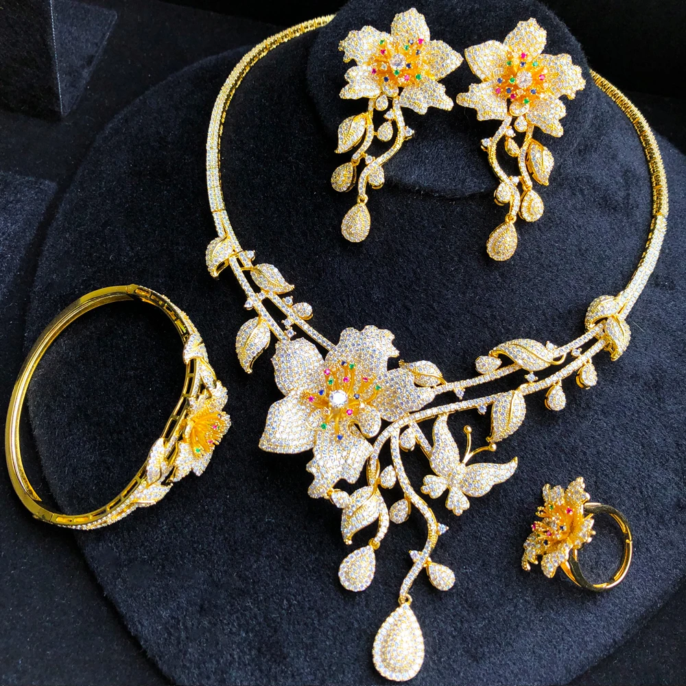 

Missvikki Spring Summer 4PCS Charm Flowers Jewelry Set Noble Bangle Earrings Necklace Ring Wedding Party Jewelry Set