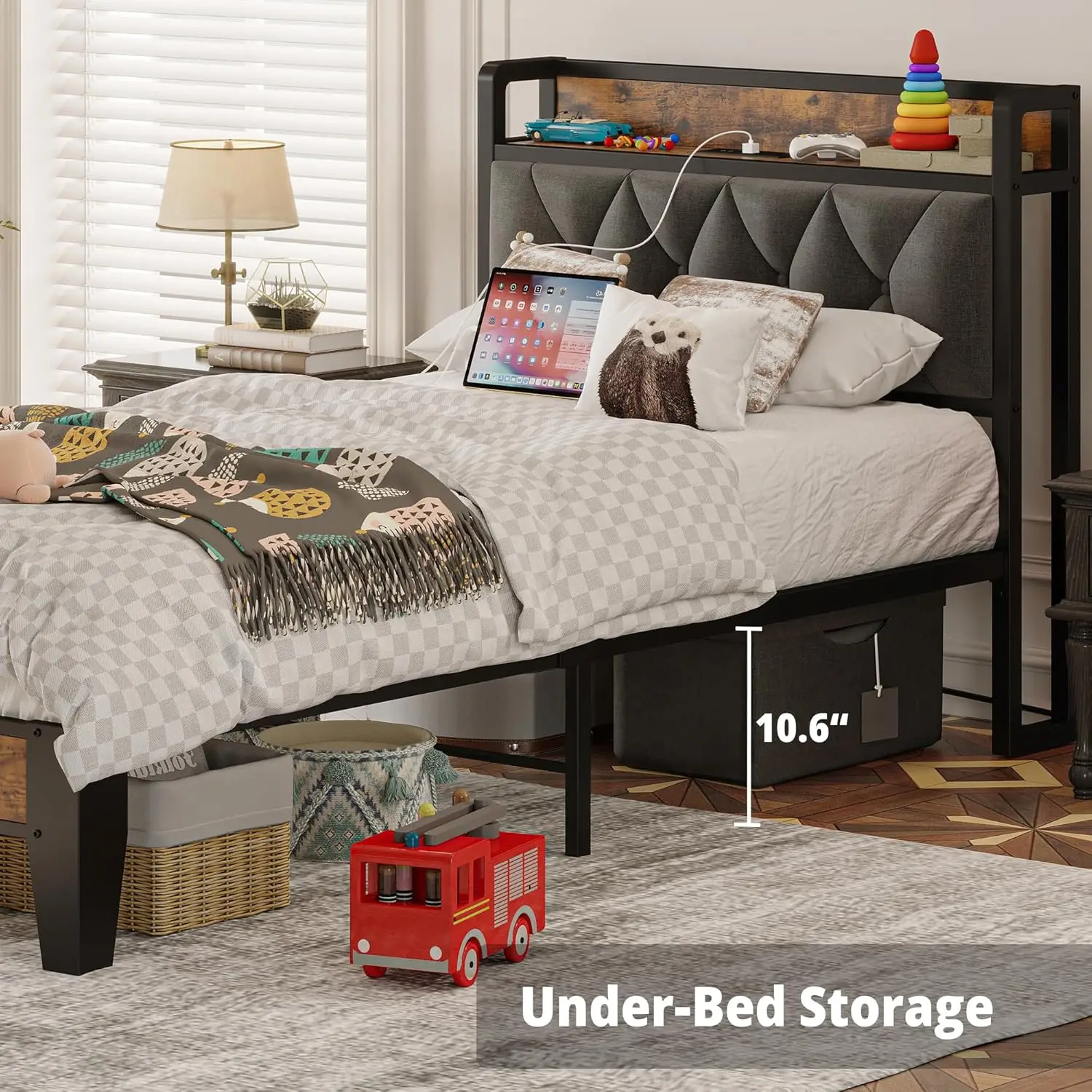 Double bed frame, storage headboard with socket, easy to install, sturdy and stable, noise free, no need for spring box