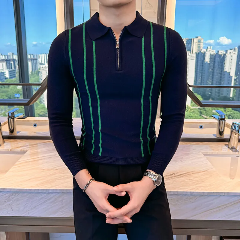 2025 Spring Sweater Men High Quality Zipper Flip Collar Striped Knitted Polo Shirt Men Fashion Long Sleeve Casual Slim Pullovers