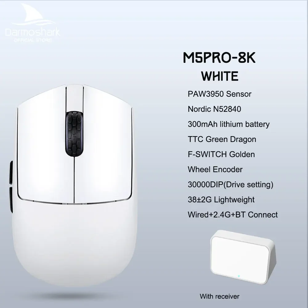 Darmoshark  M5 Pro Mouse PAW3950 Wireless 8K Bluetooth Tri-Mode Connection Gaming Macro Mouse 30000DPI N52840 38g Lightweight