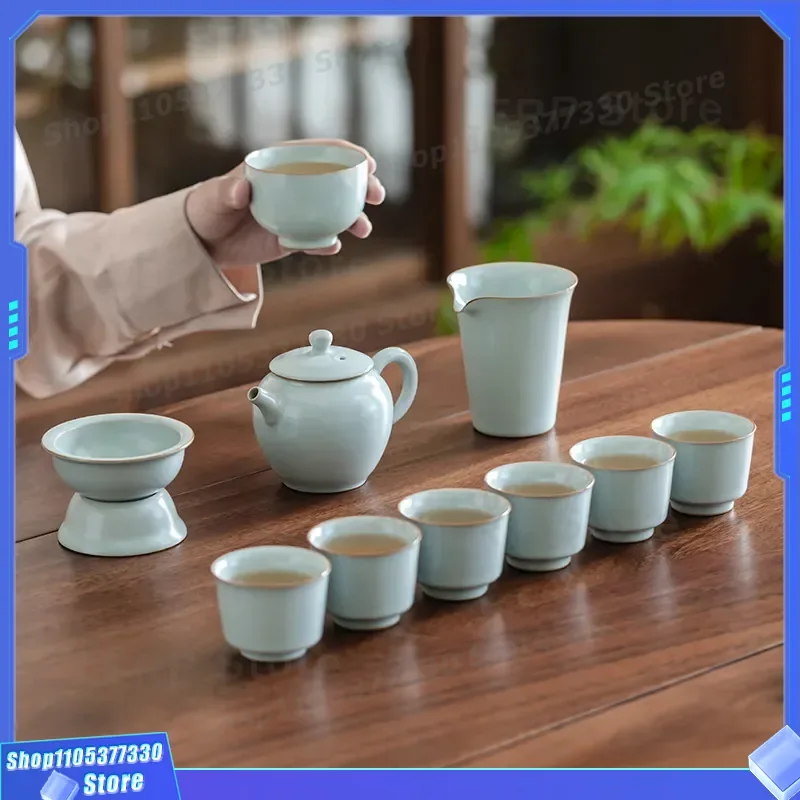 Tianqing Ru Kiln Ceramic Teapot Kung Fu Tea Set Household Brewer with Open Film Pattern Gift Box for Tea Lovers General Pot