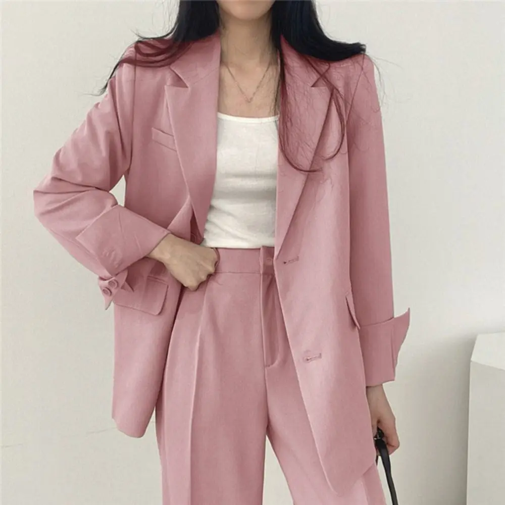 Classic Wide Leg Solid Vintage Suit Jacket Korean Style Long Sleeve Suit Office Blazers College Clothes Pants Suits Women Women