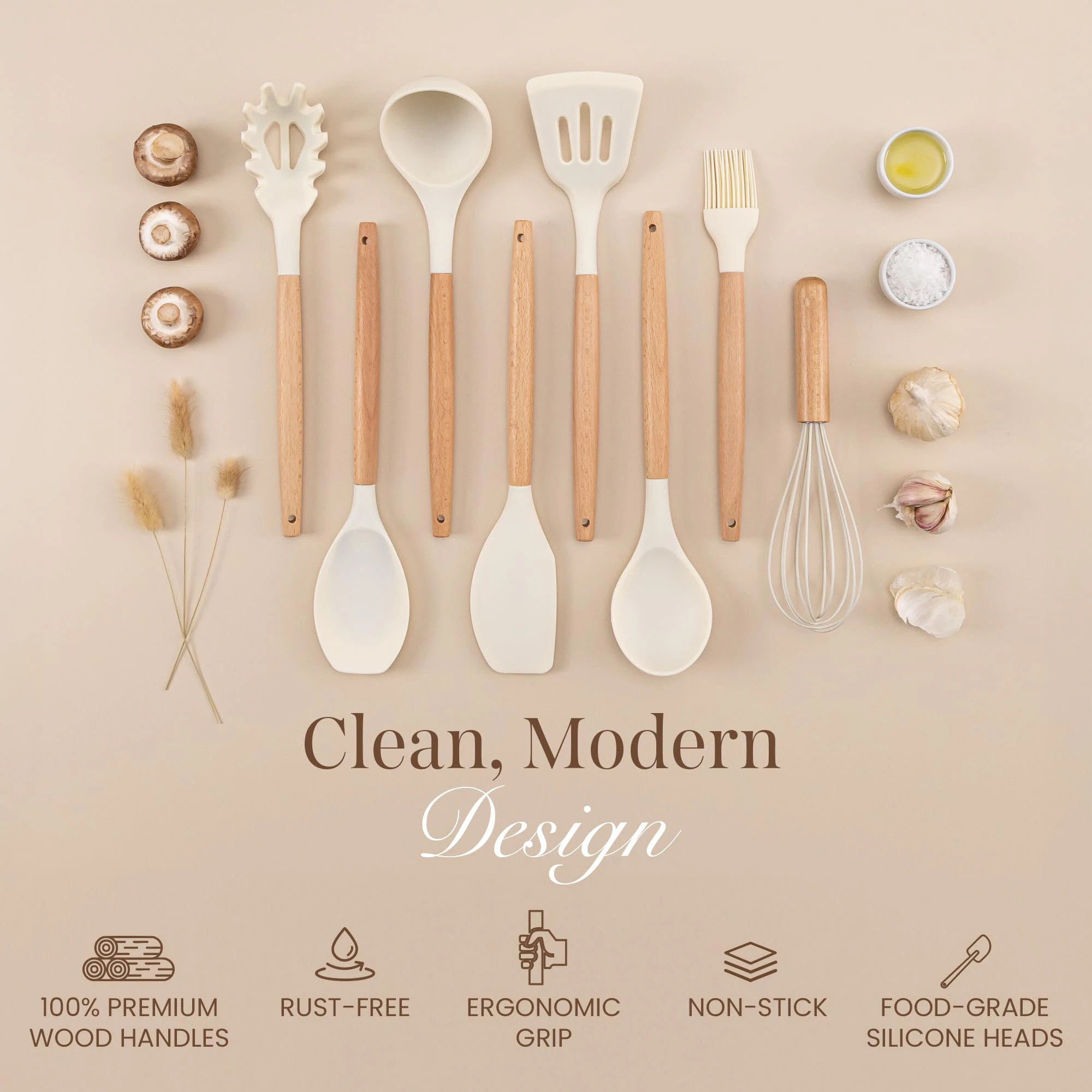 Professional 10 piece kitchen silicone spatula set wooden ladle egg beater, oil brush, barbecue clamp, scraper, kitchen utensils