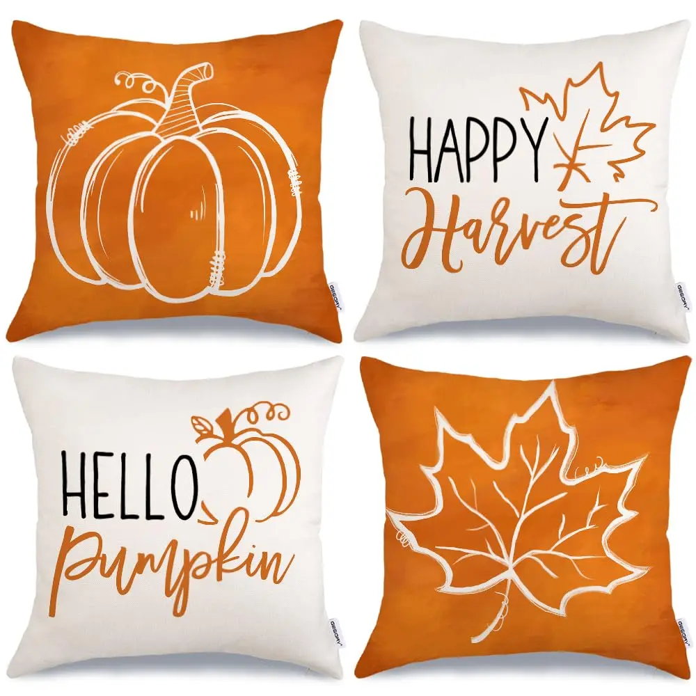 

Fall Pillow Covers 18x18 Set of 4 Pumpkin Maple Leaves Happy Harvest Throw Pillows Thanksgiving Decor Autumn Cushion Case