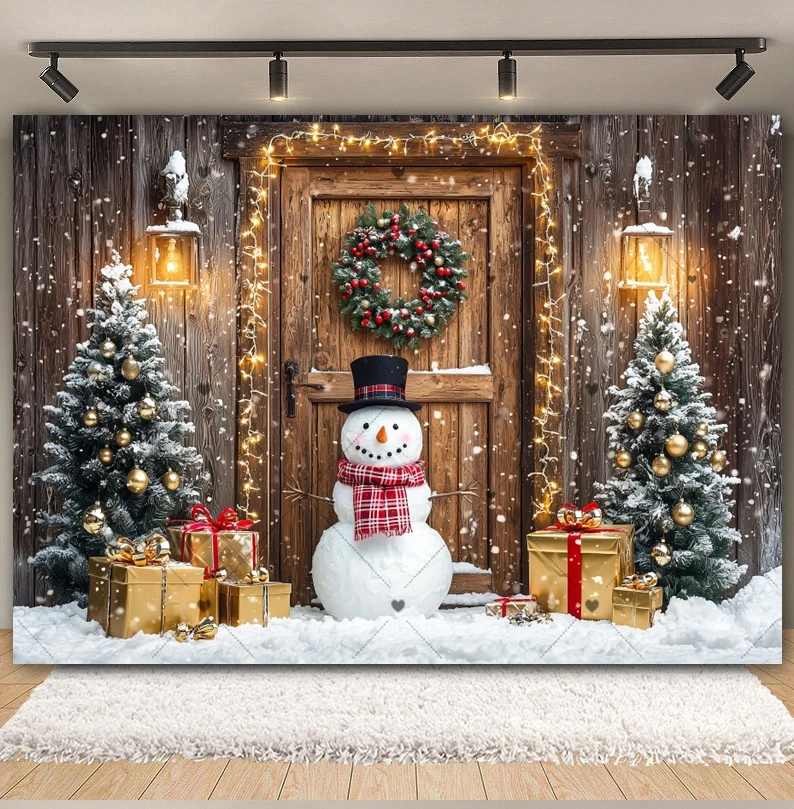 Tło fotograficzne świąteczne z motywem bałwana, zimowe drewniane drzwi, choinka, szalik, prezent, wieniec, portrety dziecięce, dekoracja, tło do studia.