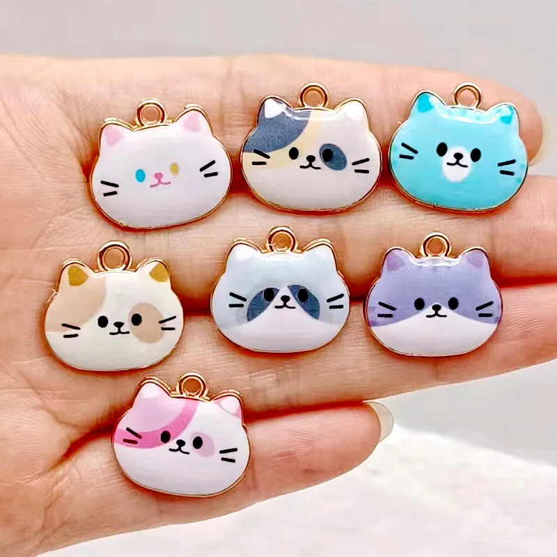 10 pieces/batch mix cute cat's head charm enamel alloy animal pendant DIY jewelry accessories earrings 18 x 20 mm