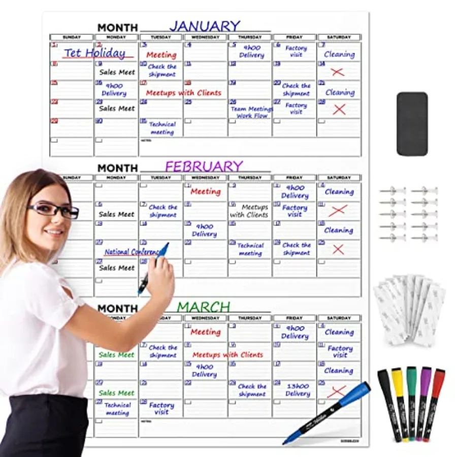 

Large 36"x48" Quarterly White Board Calendar Dry Erase Calendar for Wall 3 Month Big Dry Erase Wall Calendar Monthly Dry Erase