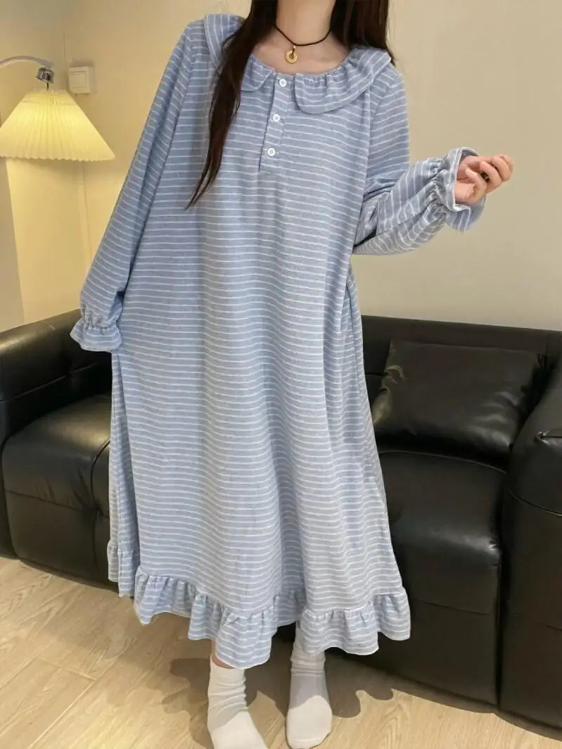 autumn winter Women's pajamas fleece-lined keep warm minimalist stripe Sleepwear leisure long style nightdress girl homewear