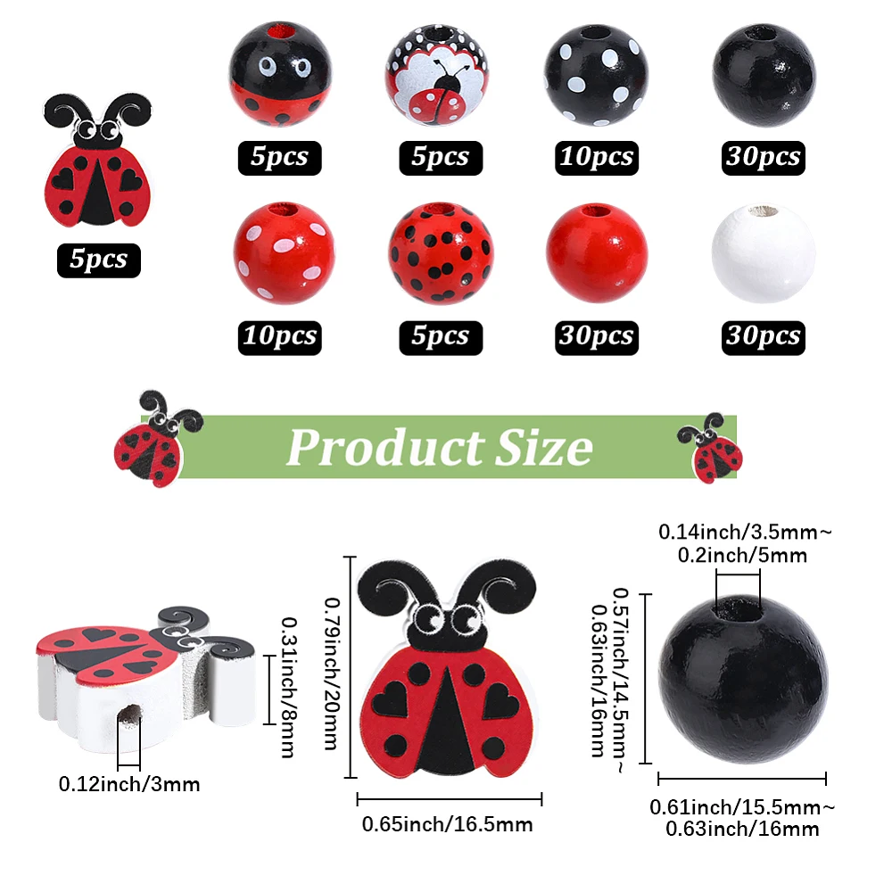 1 Box 130PCS 9 Styles Lady Bug Wood Bead Red Black White Wooden Focal Round Ladybird Painted Insects Animal Spring Ladybugs