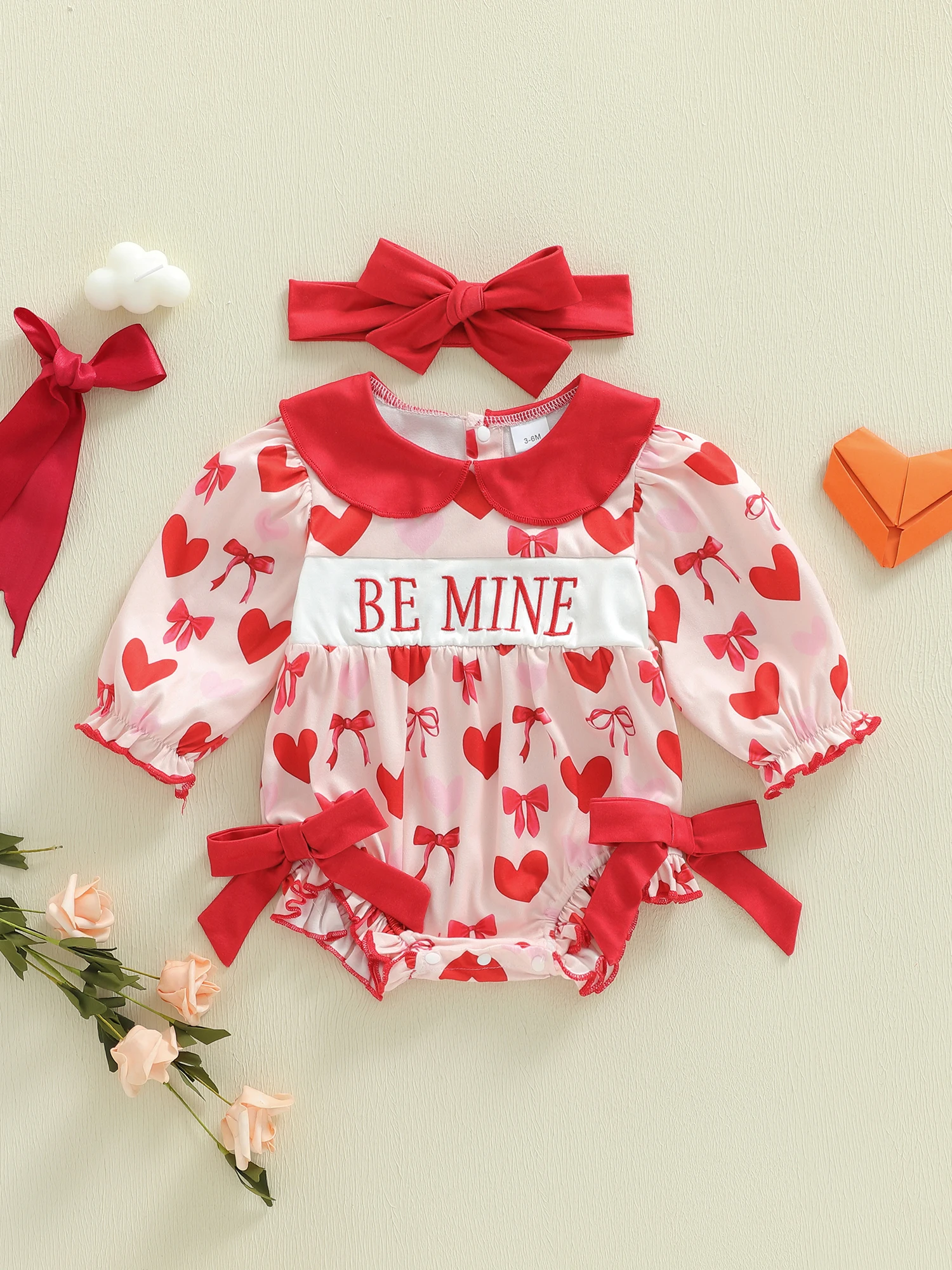 

Valentine s Day Toddler Girls 2 Piece Set Long Sleeve Ruffle Collar Heart Print Romper with Matching Bow Headband