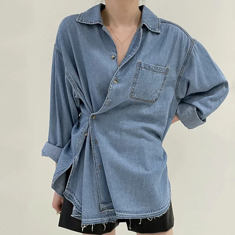 SuperAen Korean Chic Spring Autumn Retro Lapel Button Design Loose Long Sleeved Washed Denim Shirt