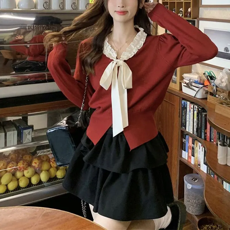 Autumn Winter Sweet Bandage Bow Shirt Stylish Folds Spliced Women\'s Clothing Korean Slim Solid Color All-match Knitted Blouse