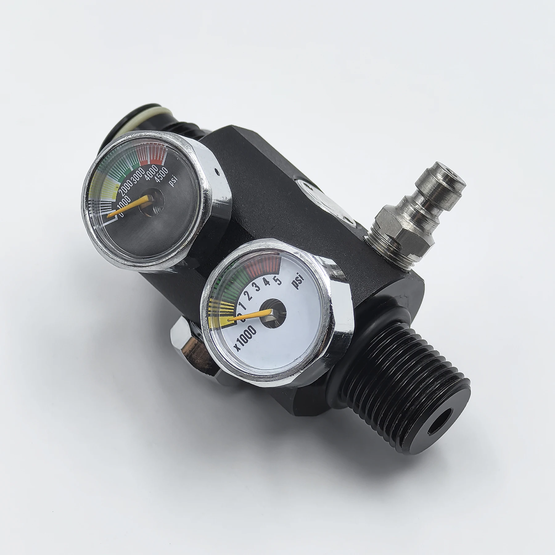 HPA Regulator Dual Gauge Adjustable Pneumatic with Pin Fill Station Air Valve  Regulated Output 0 to 3000psi M18*1.5, 5/8