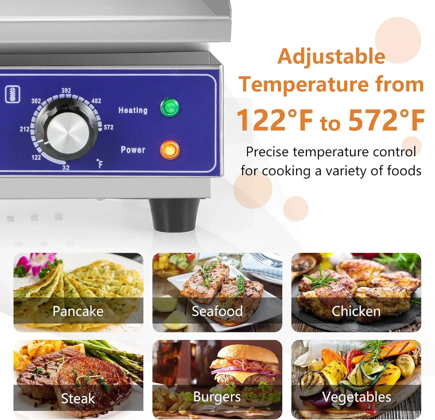 Commercial Griddle, 22" Electric Griddle 2000W, Cast Iron Griddle, Stainless Steel Frame, 122℉-572℉ Adjustable Temperature Contr