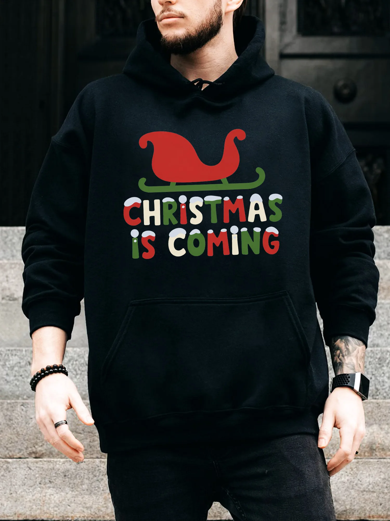 

Мужская толстовка с капюшоном на шнурке «Рождество приходят» — повседневный удобный черный пуловер, осенне-зимняя толстовка с капюшоном