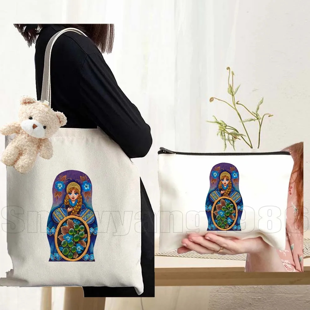 3pcs Matryoshka Russian Doll Moscow Kremlin Russia Flag Russian Cosmetic Lipstick Makeup Bag Canvas Tote Bag Shopper Handbag