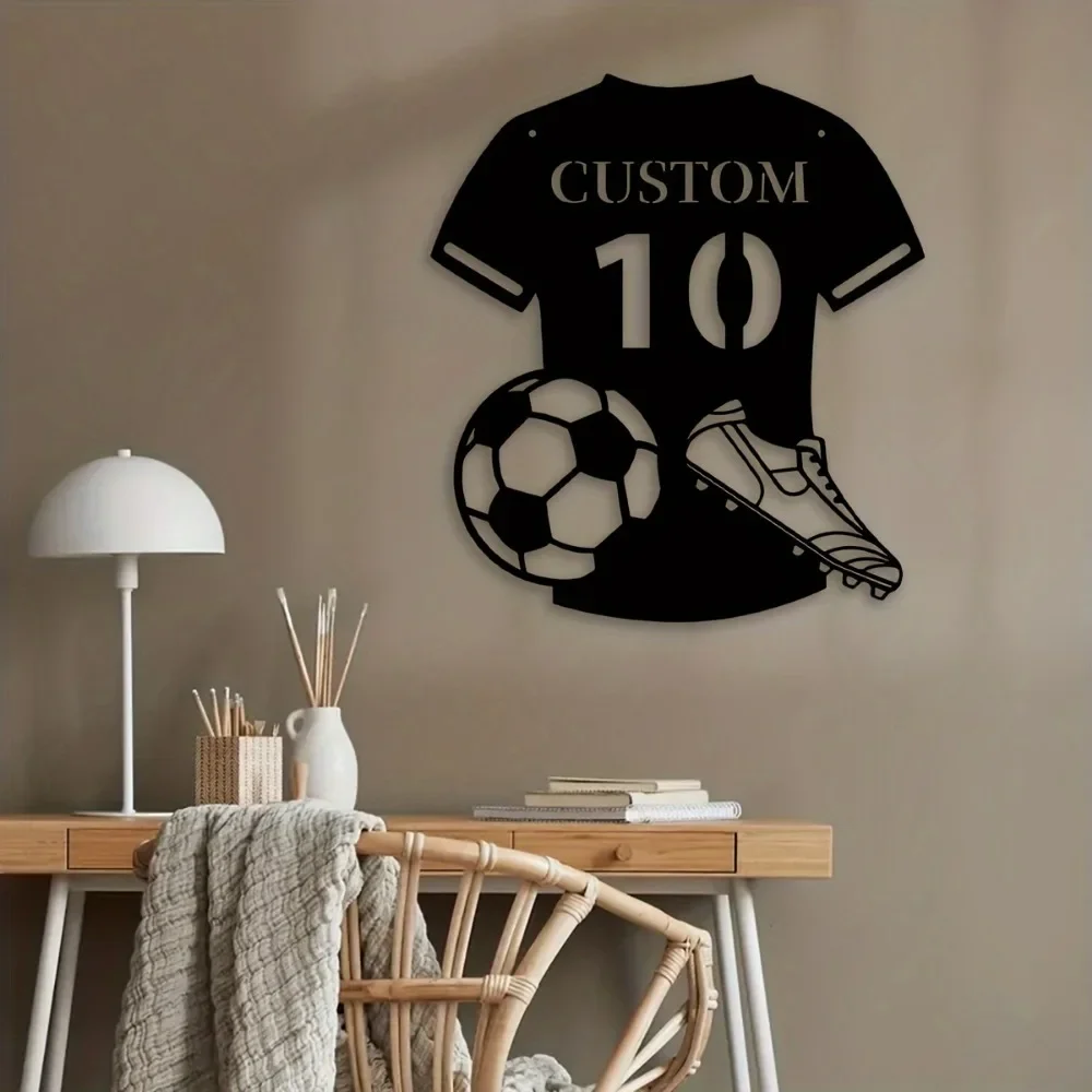 1 cartel de metal para camiseta de fútbol, personalizable y con ganchos, una elegante decoración de pared para habitaciones, ideal para mejorar el atractivo en el hogar.