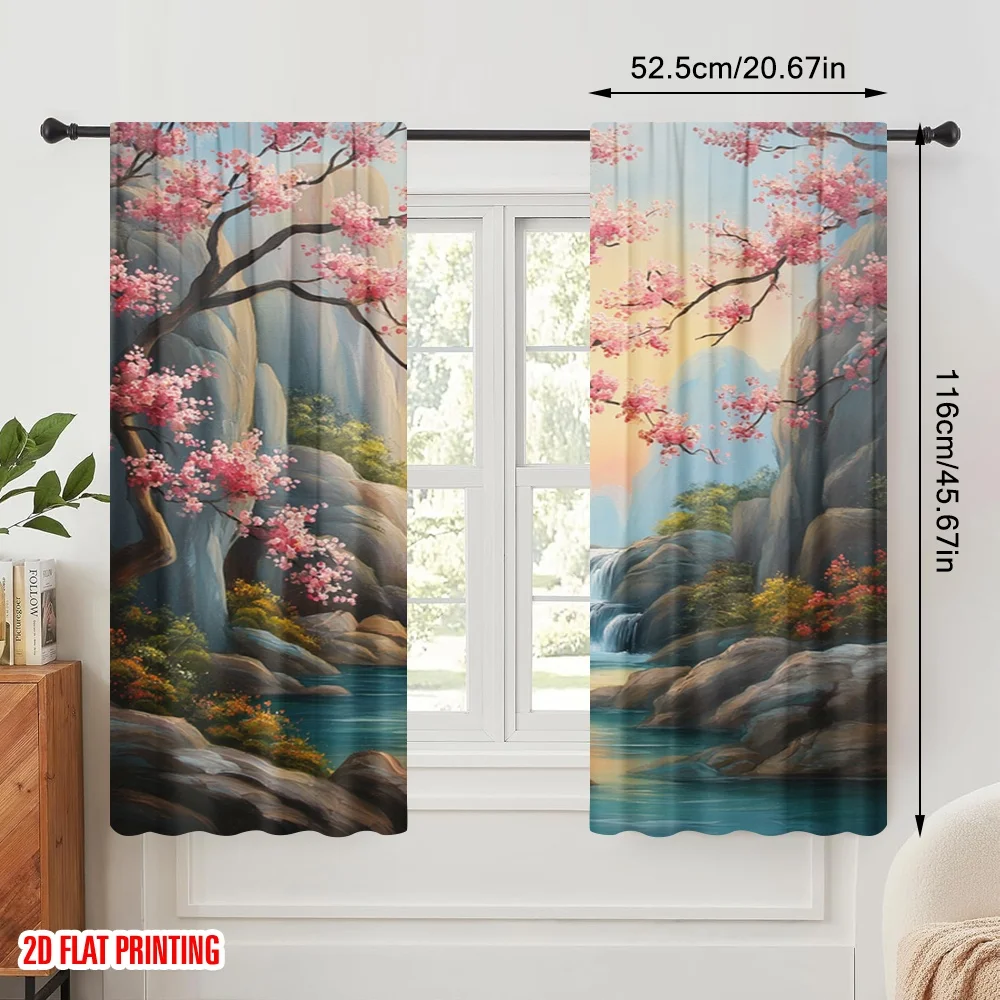 2pcs Sakura Blossom Waterfall Print Curtains Set Digital Art Nature Window Curtains for Living Room Bedroom Home Decoration