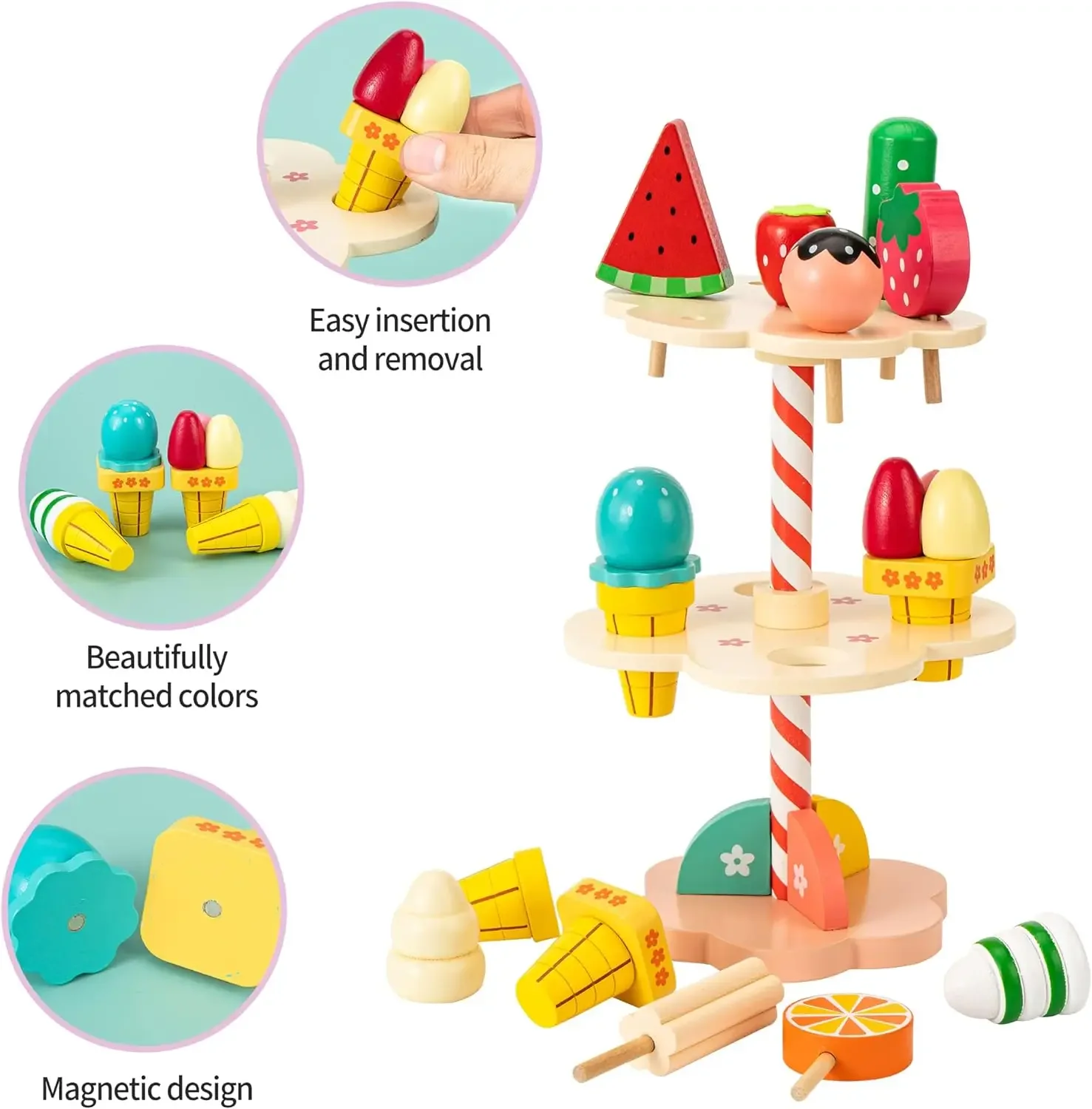 Pretend Play Wooden Ice Cream Counter Playset for Toddler Toys Montessori Pretend Play Food Toys Kitchen Accessories Toy for Kid