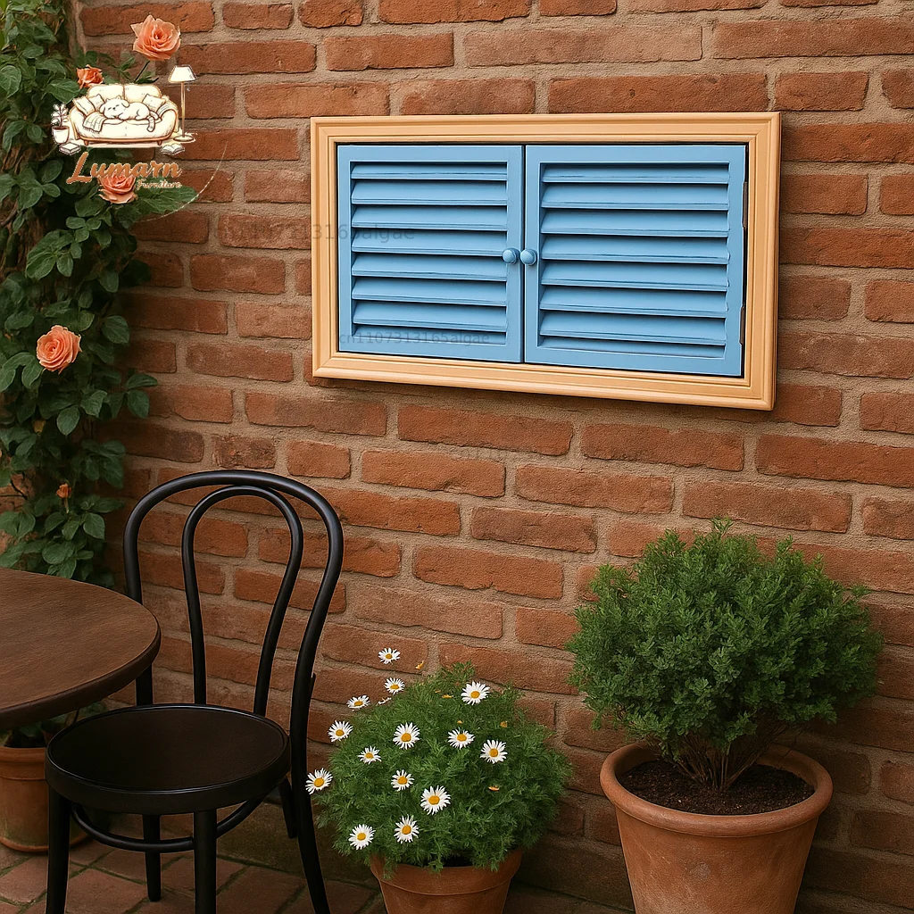 Rustic Wooden Wall Decor Window with Blue Shutter Doors, Vintage Distressed Style, 60x30cm