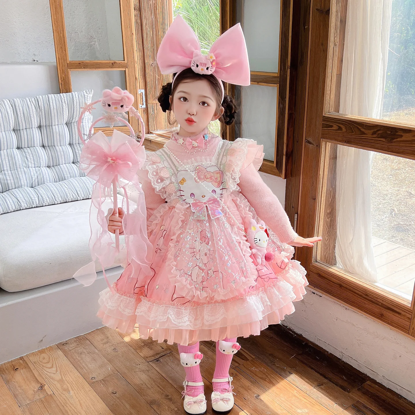 Anime Hello Kitty Girls Lolita Princess Dress Lace Party Dress for Kids Bow Decoration Ruffled Tutu Skirt Princess Costume Gift