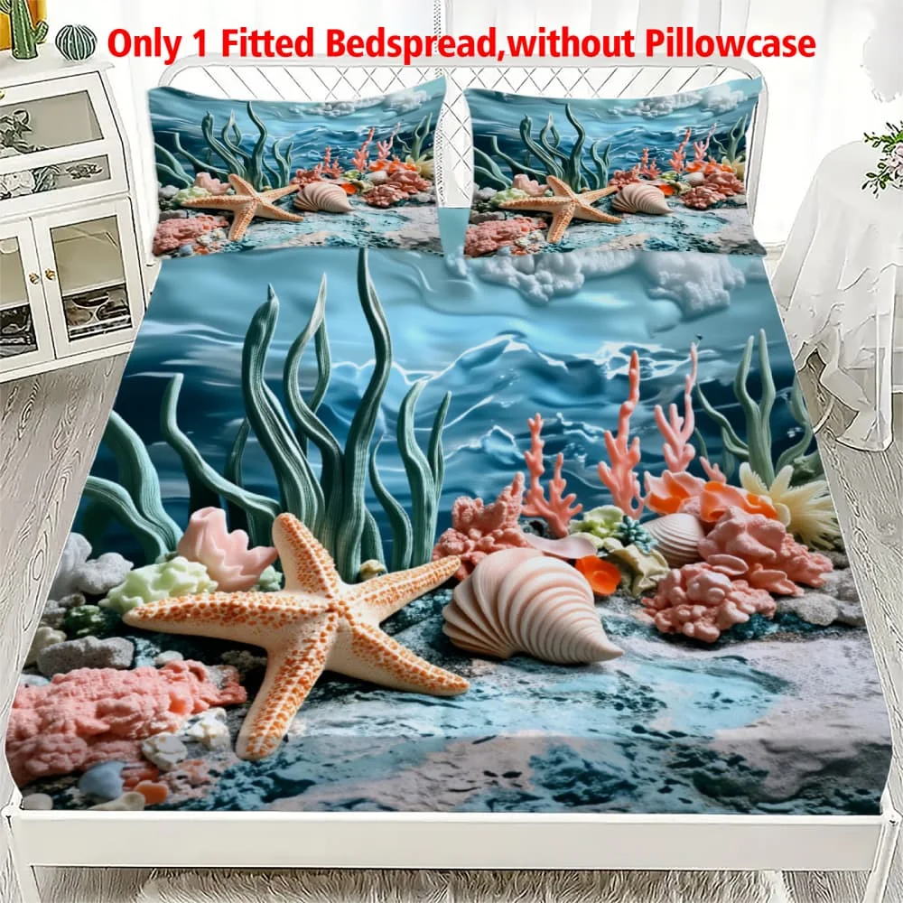 1 Stück Küsten-Seestern- und Muschel-Druck Spannbettlaken mit Tiefen Taschen und Gummizug, Matratzenbezug für Einzel-, Doppel-, Queen- und King-Size-Betten, Schlafzimmer-Dekoration