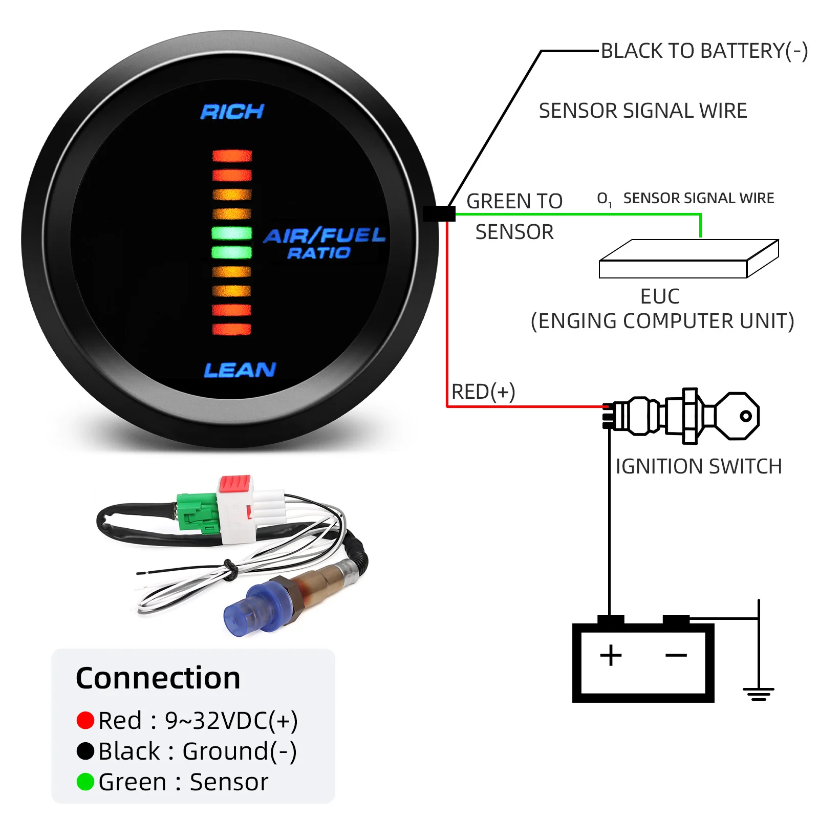 52mm Digital Air Fuel Ratio Gauge 20:1~10:1 Narrowband O2 Oxygen Sensor AFR Meter for 12V Gasoline Engine Car Gauge Holder