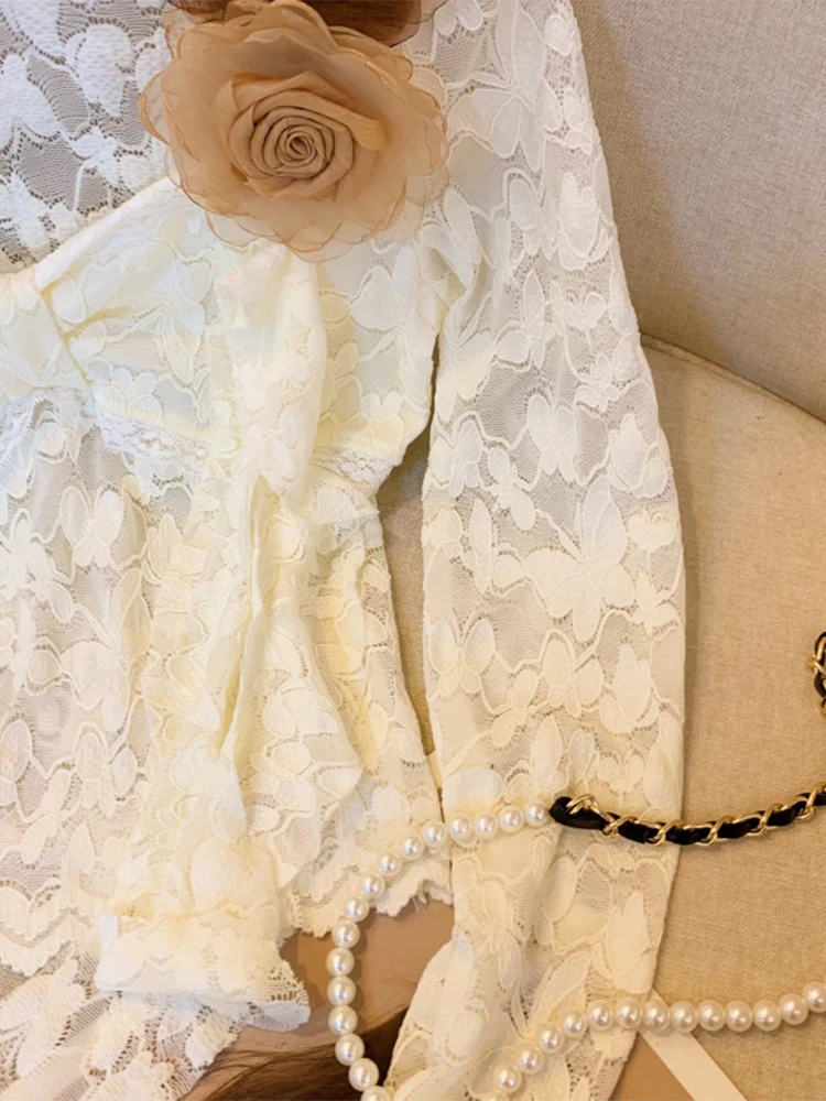 تي شيرت نسائي من الدانتيل المشمش Harajuku الكوري Y2k تي شيرت عتيق جمالي بأكمام طويلة تي شيرت ضيق 2000s ملابس Coquette 2024