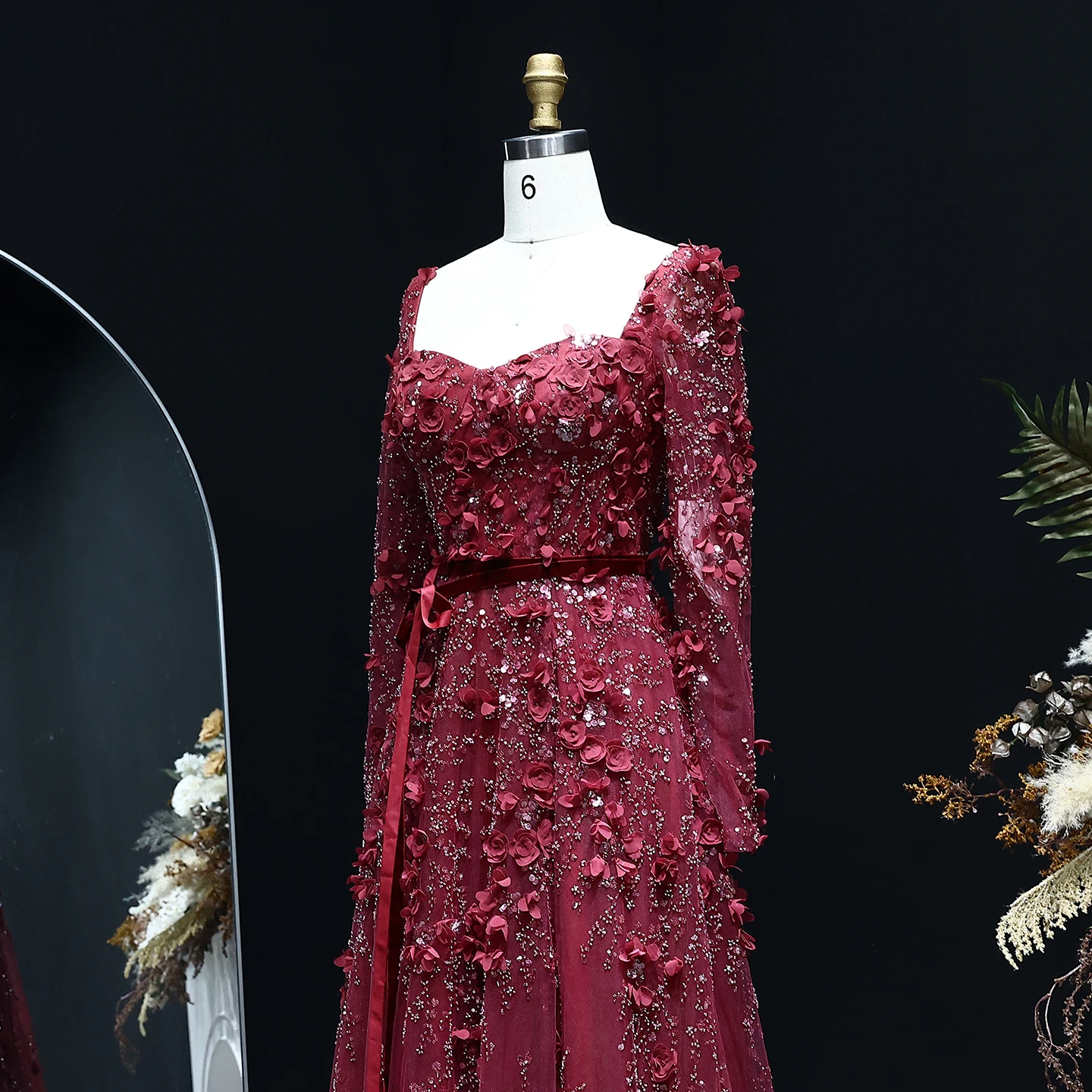 Sharon Said Luxury 3D Flower Gray Long Sleeves Evening Dresses for Wedding Party Arabic A-line Formal Gowns SS353 Customized image 3