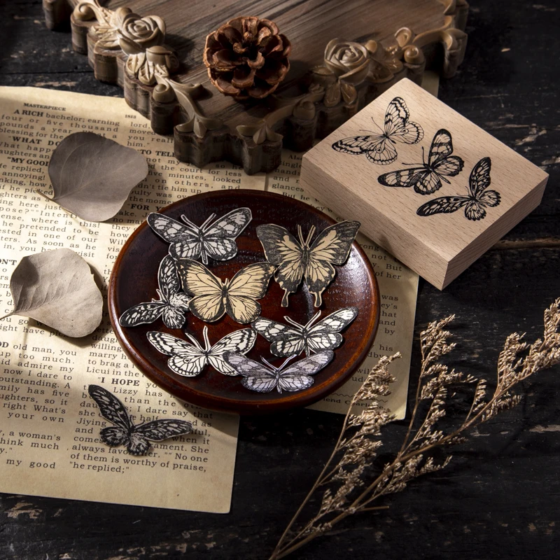 Vintage Hand Glass Lens Butterfly Wood Stamp for Junk Journal Craft Scrapbooking DIY Stamping Supplies Hobby Stationery Frame