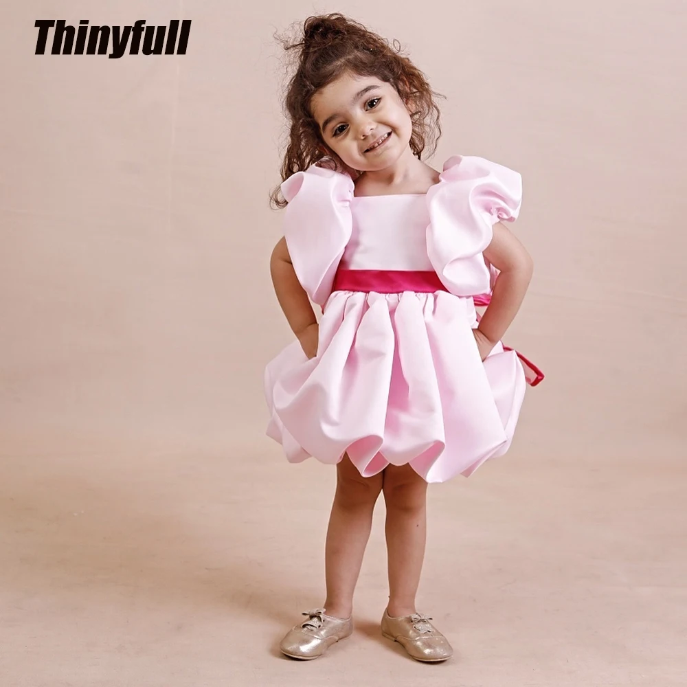 

Короткое атласное платье Thinyfull А-силуэта для девочек с короткими рукавами, мини-платье для вечеринок, нарядное платье на день рождения для девочек, на заказ