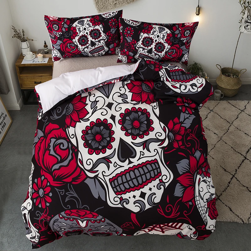 

3D Skull - Themed Bed Linen Set with Cartoon Watercolor Rose - Skull Quilt Cover and Cushion Cover. A Unique White Bed Cover Set