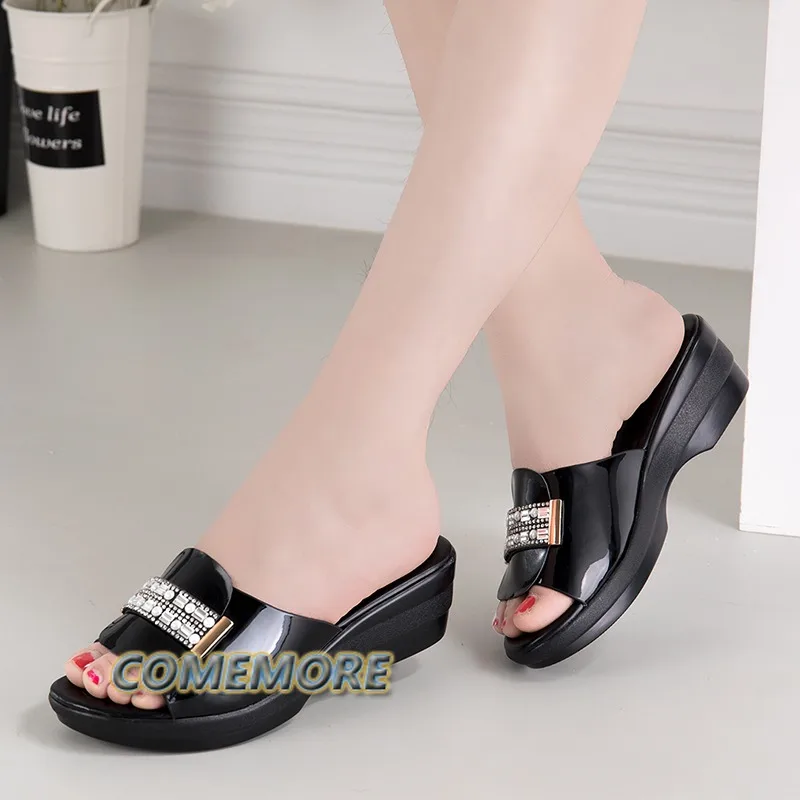 Casual Rhinestone Summer Women\'s Slippers 2024 New Fashion Platform Wedges Heels Fish Mouth Non-slip Sandals Large Size 40-42 PU