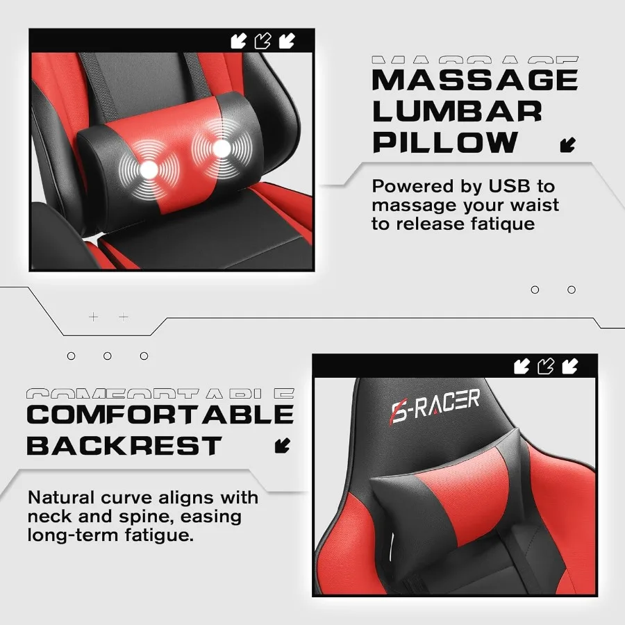 كرسي ألعاب قابل للتعديل بارتفاع أحمر مع مسند للقدمين ودعم قطني للتدليك ومقعد دوار ومسند رأس لمحطة عمل الكمبيوتر أ #5