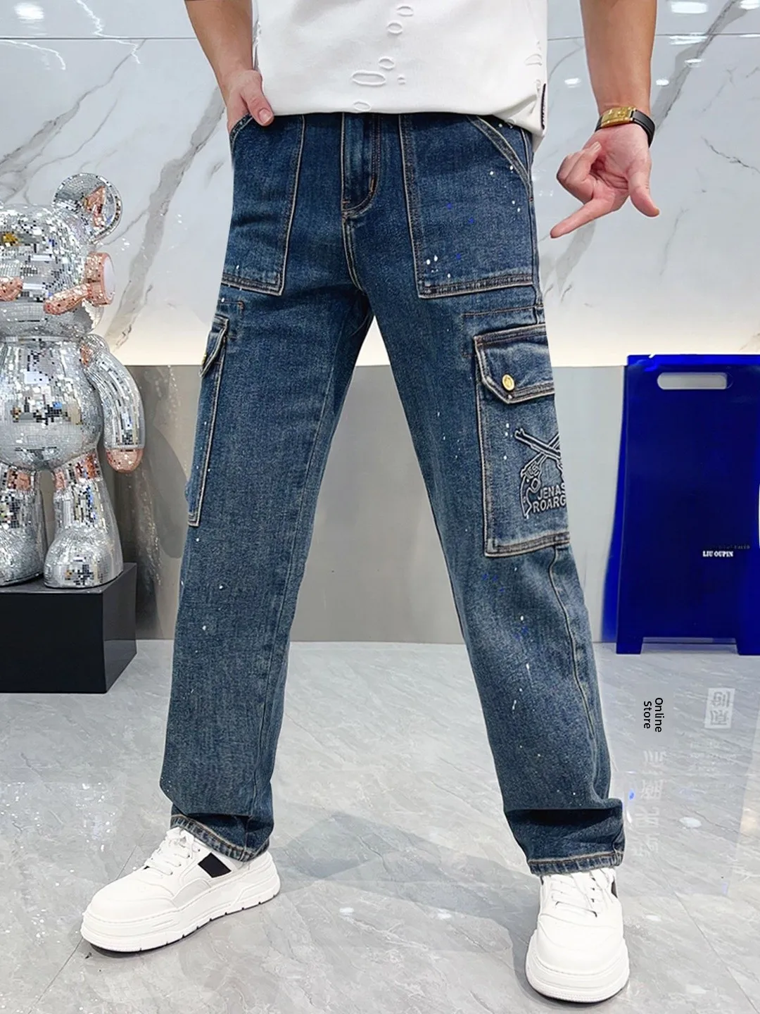 

Sli Men's Straight Leg Jeans Autumn Faion Multiple kets Emed Design Casual Comfortable Breathable Non-Fading