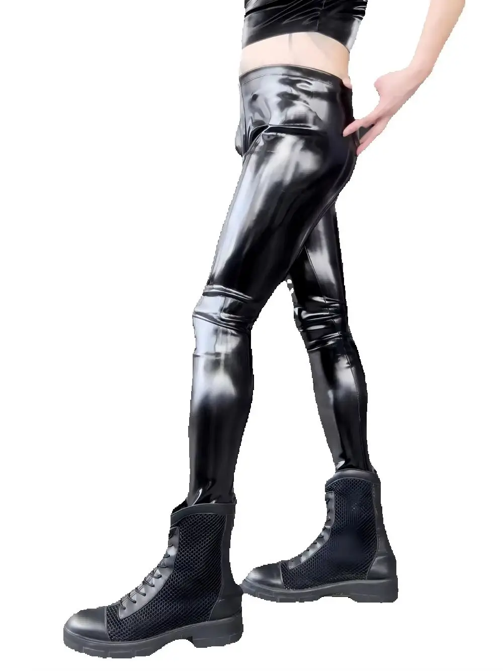 Faux Latex Double-Sided PU Leather Leggings Convex Pouch Tights Jogger Pants Pencil Trousers Men Tight-fitting Stretch Leg Pants