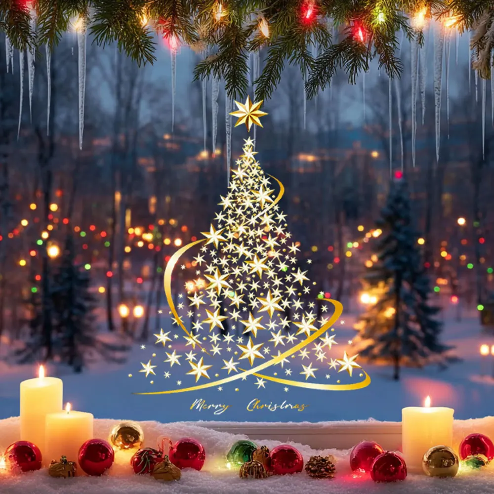 1Pc Golden Christmas Tree Window Clings Stickers for Glass DIY Static Wall Window Door Mural Showcase Decal Sticker Home Decor