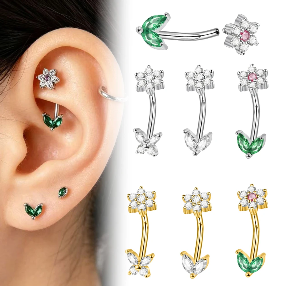 6-1PCS Stainless Steel Internal Thread Floral Lip Belly Button Rook Earring Dainty CZ Marquise Daith Conch Piercing Jewelry 16G