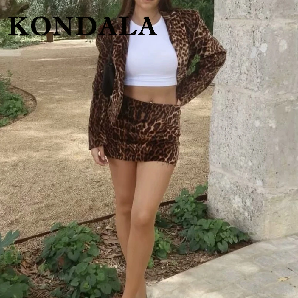 

KONDALA мода 2024, осень-зима, леопардовый женский костюм, уличная куртка, элегантная мини-юбка-футляр + шикарные сексуальные комплекты для вечеринок