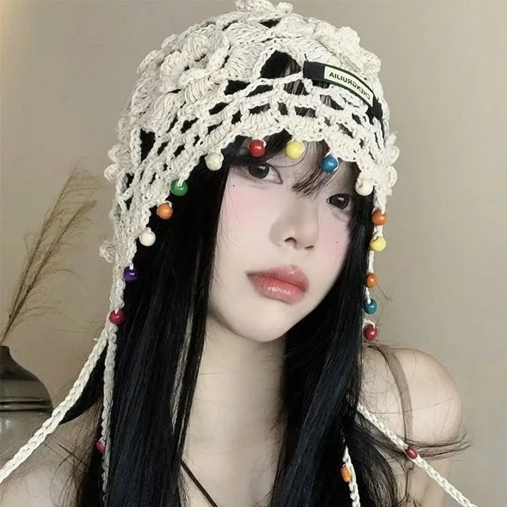 

Breathable Hollowed Out Knitted Hat Flowers Summer Skullies Hat Casual Fashion Beret Cap for Women