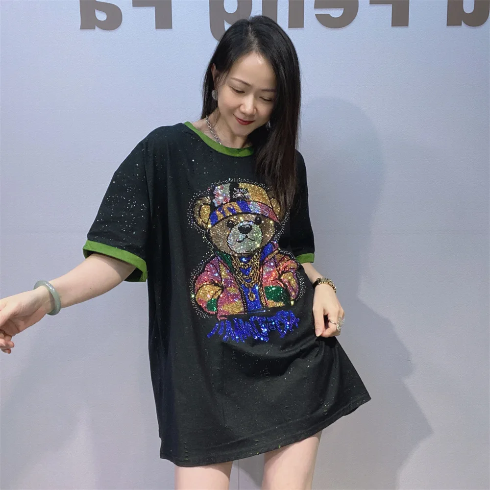 Trendy New Summer Oversize Women Pullover Top Mid-long All-match Round Neck Casual Top Cartoon Hot Diamonds Casual T-shirts