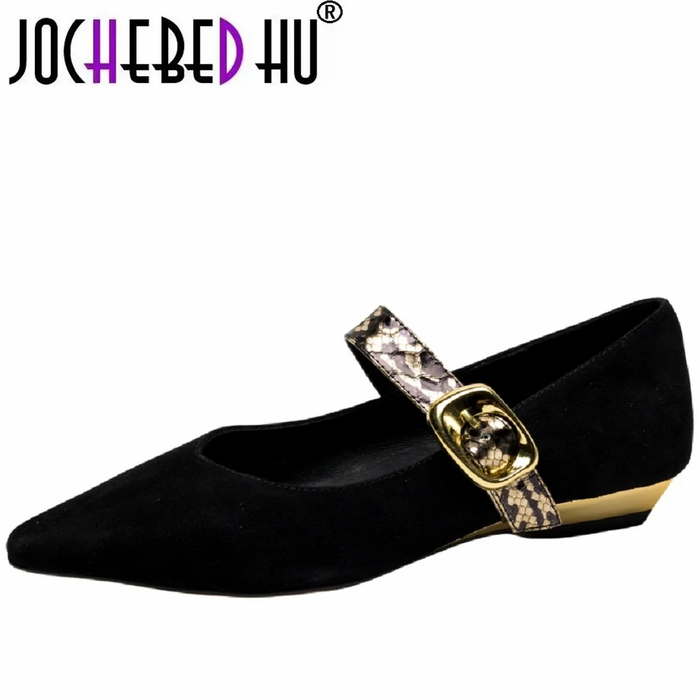 

【JOCHEBED HU】Chic Design Women Genuine Leather Low Heels snake Skin Strap Prom Party Stilettos Femmes