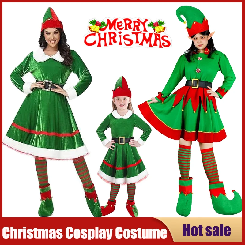 

Christmas Elf Cosplay Costume Girls And MOM Family Matching New Year Xmas Suit Adult Kids Carnival Party Green Velvet Dress Gift