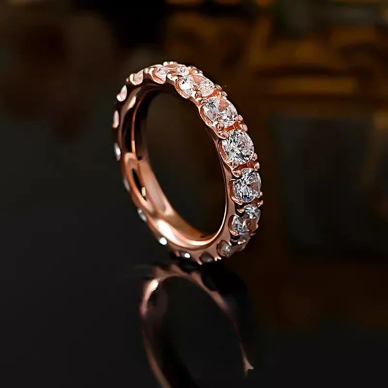 S925 Silver Shine Like Stars Full Diamond Rose Gold Ring for Women, Stacked with Inlaid High Carbon Diamond Cultivation