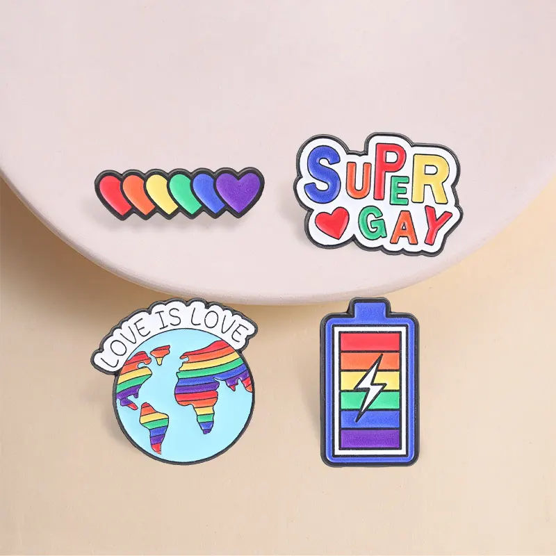 LGBTQ Rainbow Enamel Pins Love Is Love Earth Equality Quote Battery Heart Super Gay Pride Month Brooch Lapel Badge Jewelry Gifts