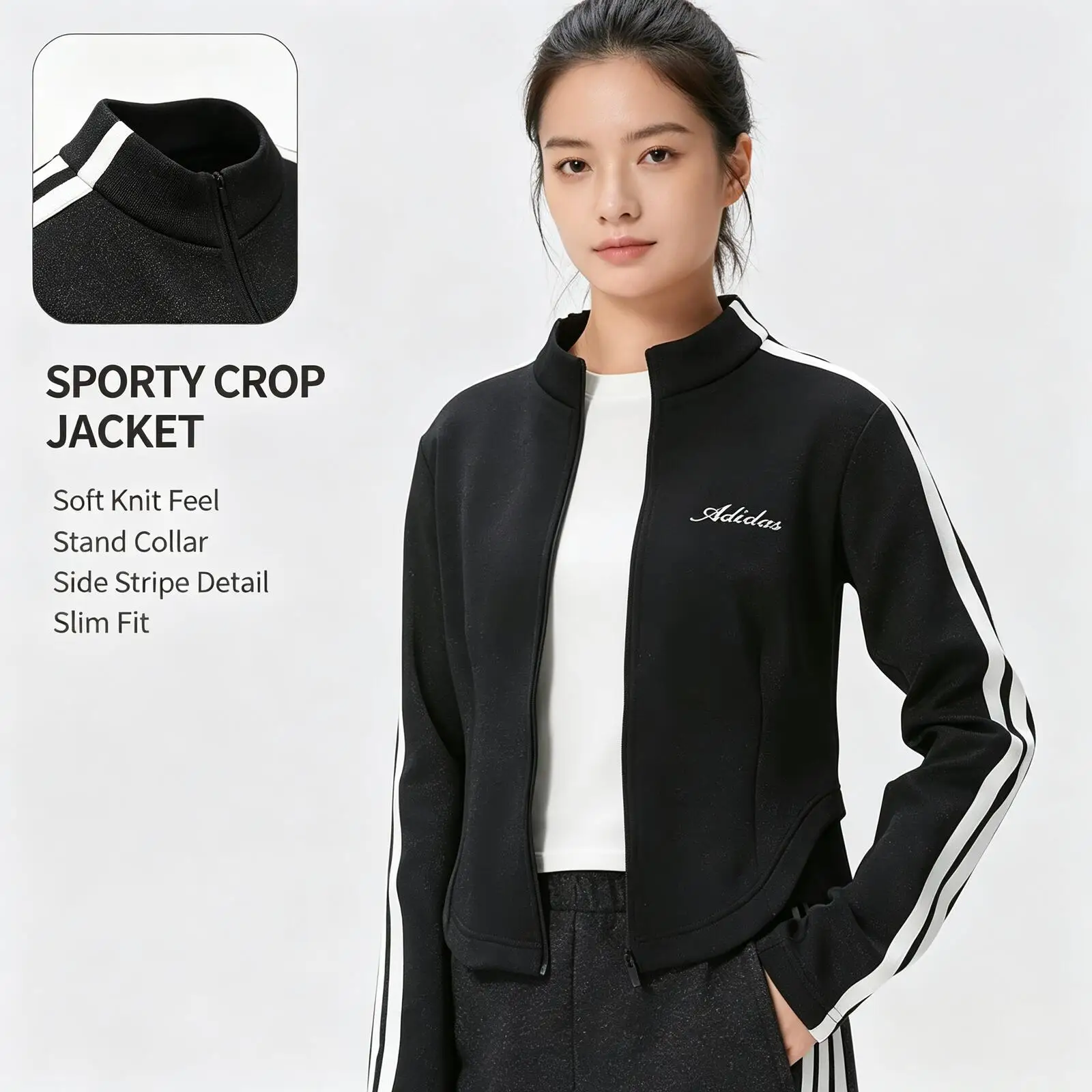 New Adidas Women Sporty Crop Jacket Stand Collar Full Zip Side Stripe Casual Activewear Outerwear Black